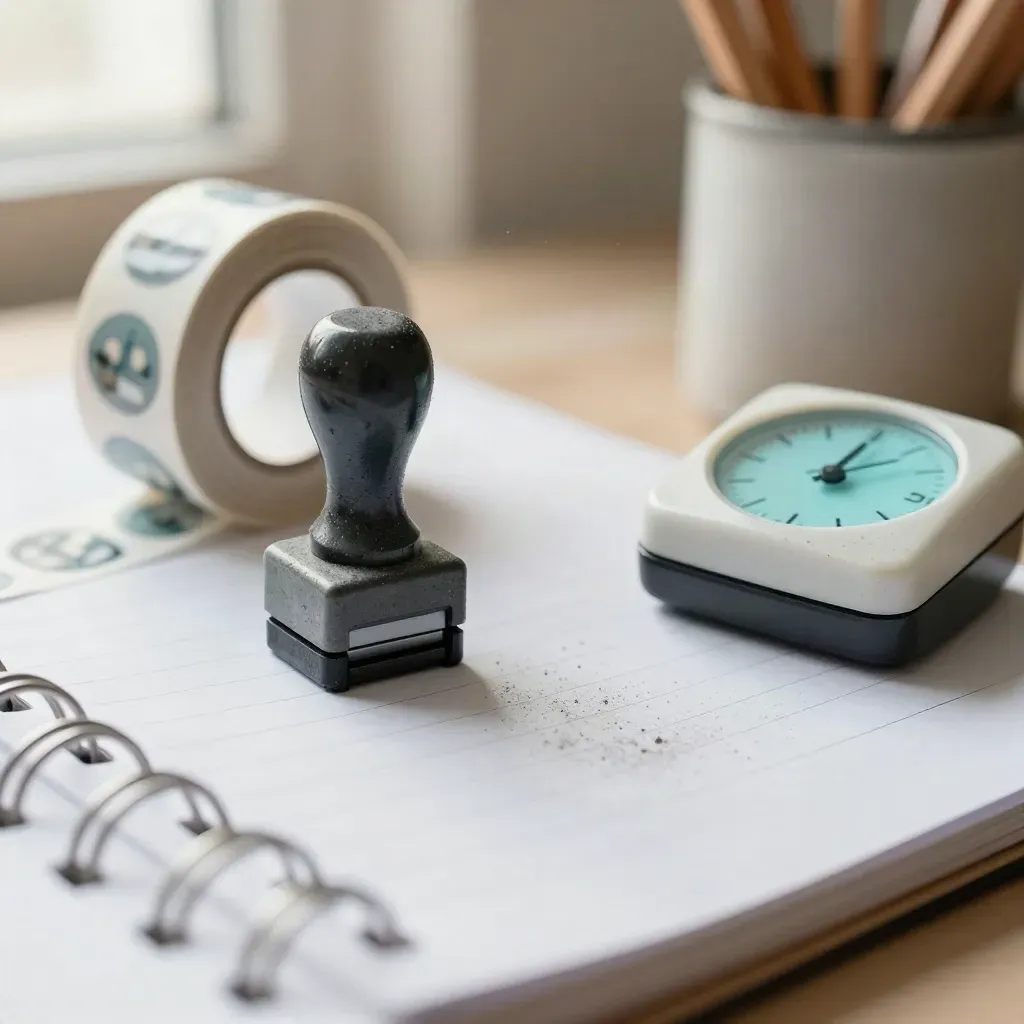 Makro przyborów nauczyciela: stempel, naklejki i minutnik na jasnym kamieniu